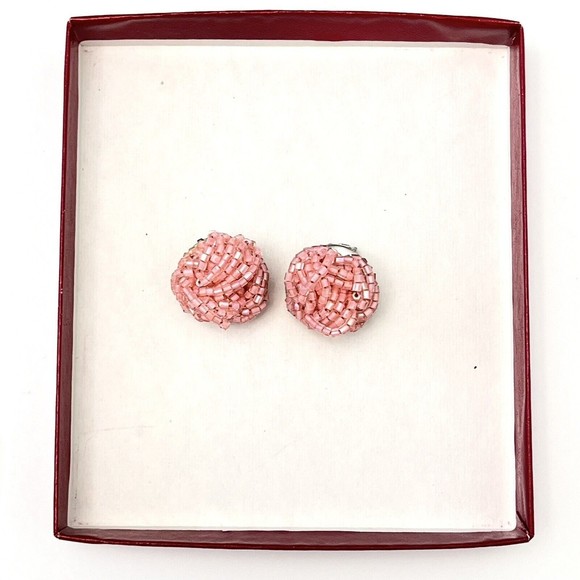Vintage Womens Beaded Chunky Cluster Clip On Statement Earrings Pink - Picture 3 of 6